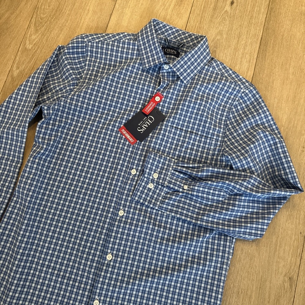 Chaps Men's Performance 4 Way Stretch L/S Button Shirt Blue Plaid Classic Small